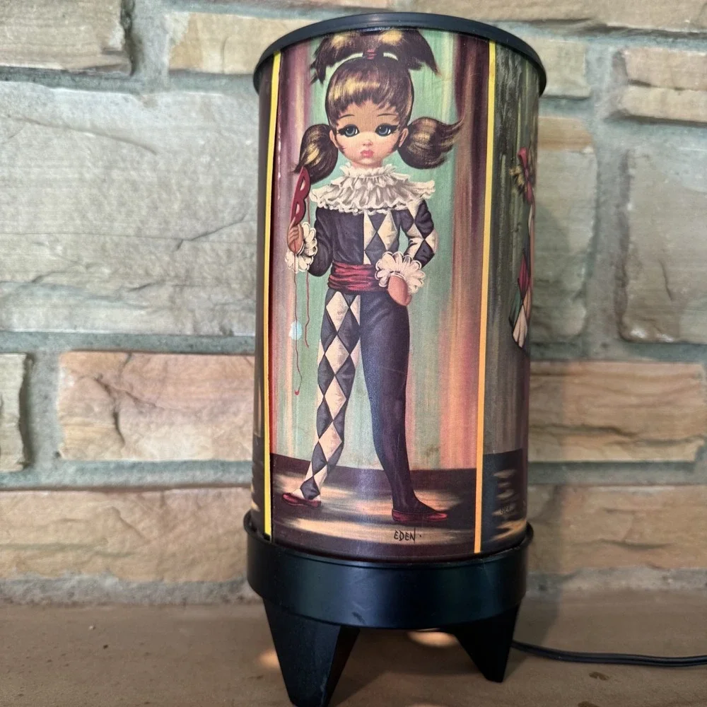 Eden Vintage 1960s Big Eyed Girl Harlequin 4 sided Cylinder Lamp Mid Century Mod